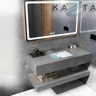 COMBO Thiết Bị Nhà Tắm Cao Cấp KAZTA KZ-CBT16X: Bồn cầu xám viền vàng, Sen tắm đứng phím đàn, Gương đèn, Lavabo âm bàn đá 2 tầng và phụ kiện khác