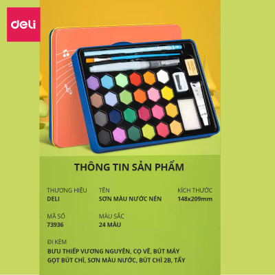 Bộ Màu Nước Nén Water Color Cao Cấp 24 36 48 Màu Tặng Bút Lông Nước, Mút, Cọ, Tẩy, Bút Chì, Gọt, Màu Trắng Deli - Chuyên Dùng Cho Học Sinh, Sinh Viên, Vẽ Mĩ Thuật Chuyên Nghiệp