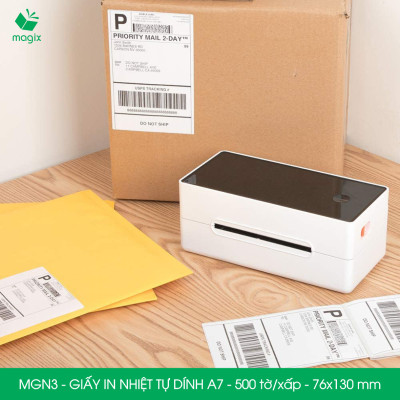 MGN3 - 76x130 mm - Combo 5 xấp 500 tờ giấy in nhiệt A7 tự dính - Giấy in đơn hàng, giấy in A7