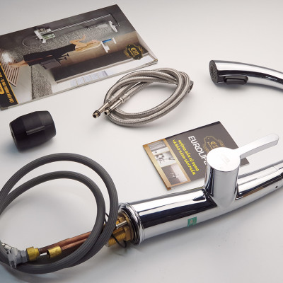 Vòi rửa chén nóng lạnh, dây kéo 2 chế độ Eurolife EL-KM07 (Trắng bạc)