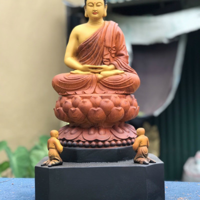 Tượng phật adi đà ngồi đài sen bằng gỗ hương tô mầu giả cổ kt 50×26×26cm