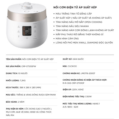 Nồi cơm điện tử áp suất kép Cuckoo CRP-ST1010FW (1.8L) (màu trắng) - Hàng Chính Hãng