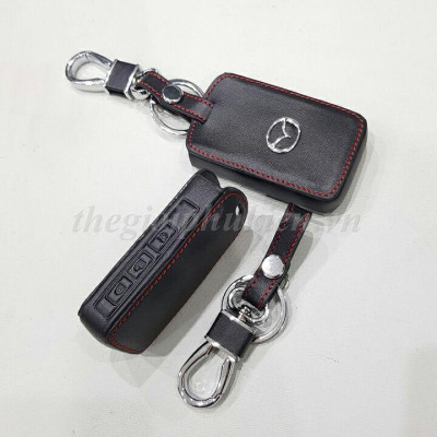 Bao da bảo vệ chìa khóa xe Mazda 3 2020 kèm móc đeo Inox