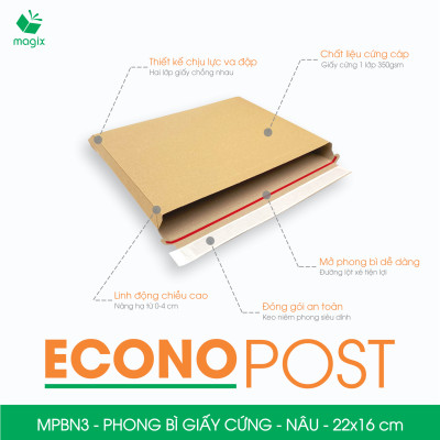 MPBN3 - 22x16 cm - Combo 60  phong bì giấy cứng đóng hàng màu nâu thay thế túi gói hàng