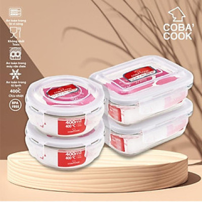 Bộ 4 hộp thủy tinh  2 hộp chữ nhật 370ml + 2 hộp tròn 400ml đựng thực phẩm COBA