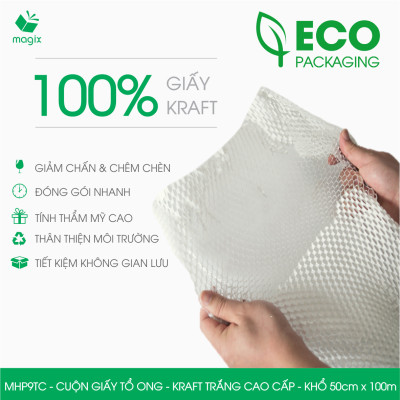 MHP9TC - 50cm x 100m - Cuộn giấy tổ ong chống sốc - Kraft trắng Cao Cấp - Giấy gói hàng, gói quà