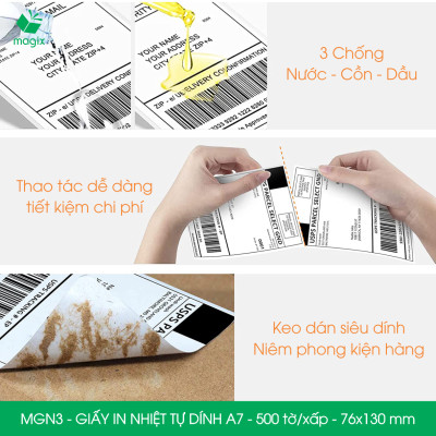 MGN3 - 76x130 mm - Combo 5 xấp 500 tờ giấy in nhiệt A7 tự dính - Giấy in đơn hàng, giấy in A7