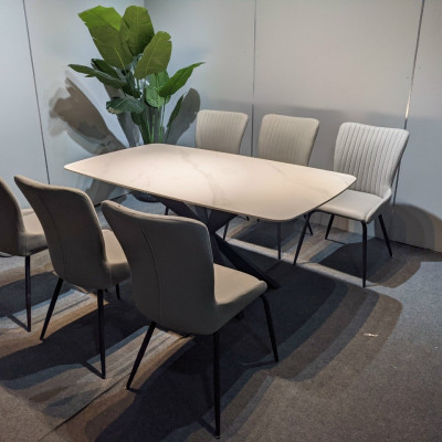 Bộ bàn ăn mặt đá phiến Ceramic chân sắt kết hợp ghế Sheraton