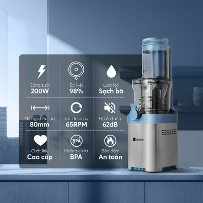 Máy ép chậm Elmich JEE-8769, công suất 200W, tốc độ quay 65 vòng/phút, độ ồn thấp dưới 62db  - Hàng chính hãng