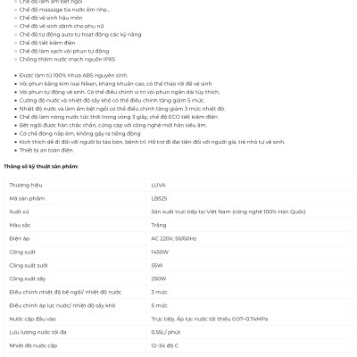 Nắp Bồn Cầu Điện Tử LUVA Bidet LB625 Điều Khiển Cảm Ứng Tiếng Việt, Đổi Lỗi 100 Ngày, Sấy Khô, Chống Nước IPX5, Sấy Vành Ngồi, Chế Độ Rửa Trẻ Em