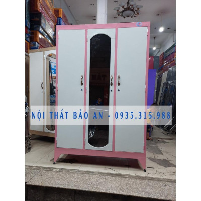 Tủ sắt quần áo 3 cửa ngang 1m2 cao 1m8 sơn tĩnh điện - MÀU KEM