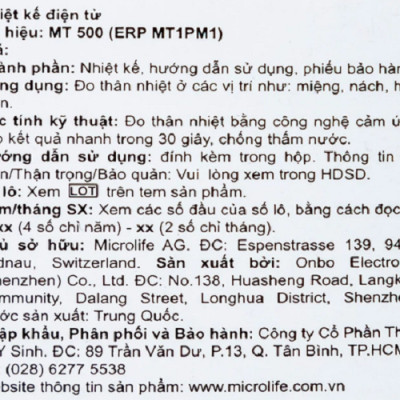 Nhiệt kế điện tử Microlife MT500 đo nhiệt độ nhanh trong 30 giây, chống thấm nước