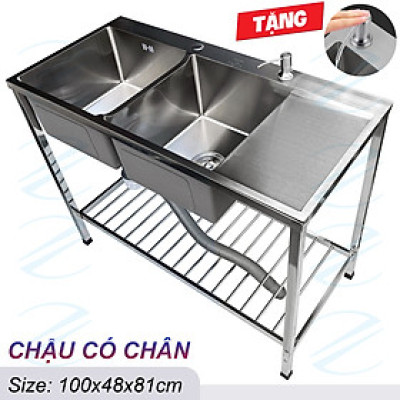Bộ Chậu Rửa Chén Bát Inox Có Chân 2 Hộc 1 Cánh Kích Thước Dài 100 x Rộng 48cm Nhiều Mẫu - Gồm chậu SUS304 hoặc 201, kệ chân, xi phông, tặng vòi hút xà bông