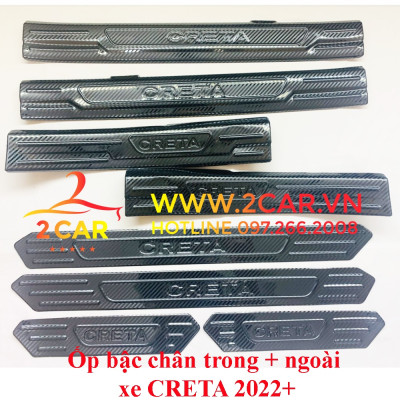 Ốp bậc cửa, nẹp bước chân trong, ngoài CARBON xe Hyundai Creta 2022- 2023, vân CACBON cao cấp