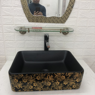 CHẬU LAVABO MEN ĐEN HOA VĂN VÀNG NHẬP KHẨU CAO CẤP CHÍNH HÃNG GRVL 8146B (CHẬU)