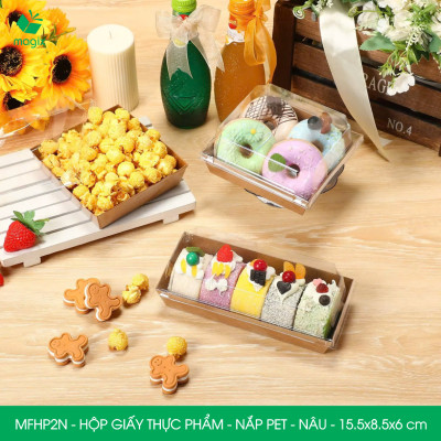 MFHP2N - 15.5x8.5x6 cm - 50 hộp giấy kraft thực phẩm màu nâu nắp Pet, hộp giấy chữ nhật đựng thức ăn, hộp bánh nắp trong