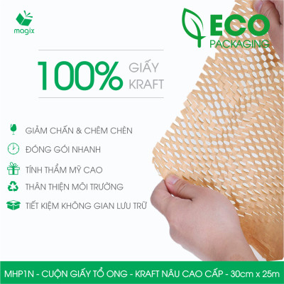 MHP1N - 30cm x 25m - Cuộn giấy tổ ong chống sốc - Kraft nâu Cao Cấp - Giấy gói hàng, gói quà