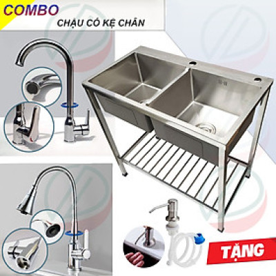 Bộ Chậu Rửa Chén Bát 2 Hộc Có Chân Cao 81cm KAZTA Kèm Vòi Inox Nóng Lạnh - Gồm kệ chân, chậu 82x45cm, 100x50cm, vòi, bộ xả