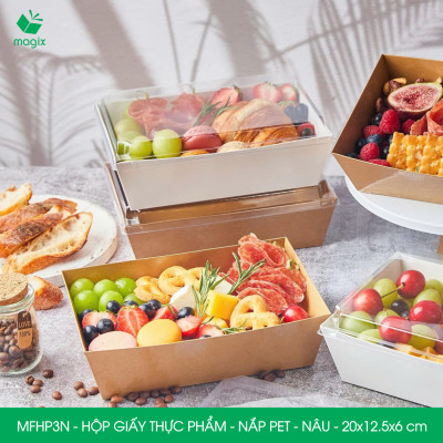 MFHP3N - 20x12.5x6 cm - 50 hộp giấy kraft thực phẩm màu nâu nắp Pet, hộp giấy chữ nhật đựng thức ăn, hộp bánh nắp trong