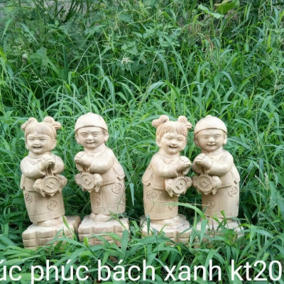 Cặp tượng điêu khắc tiểu đồng chúc phúc bằng gỗ bách xanh thơm nức kt cao 20cm 