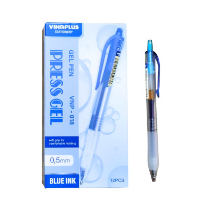 Bút Viết Gel Nước Dạng Bấm Vinaplus 018 Ngòi 0.5mm (Mực Xanh, Đen)