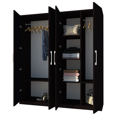 Tủ quần áo gỗ MDF Tundo 4 cánh 2 ngăn treo màu nâu đậm 180 x 55 x 220cm