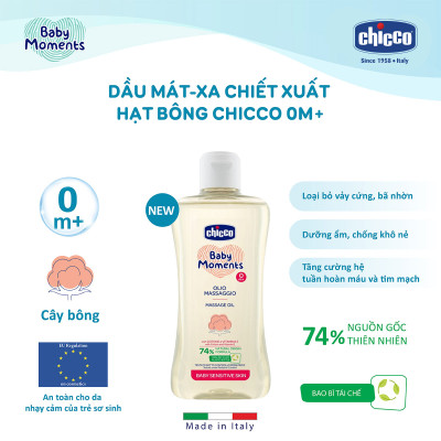 Dầu mát-xa chiết xuất hạt bông cho bé 0M+ Chicco 200ml - Tặng sữa tắm gội chiết xuất yến mạch Chicco 0M+ 50ml