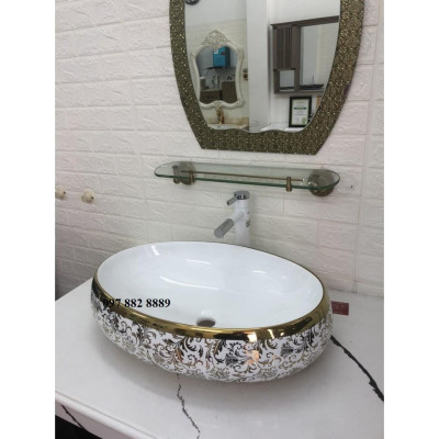 Chậu rửa mặt, Lavabo hoa văn elip vàng cao cấp nhập khẩu chính hãng GROVES 065C (đẹp, sang trọng quý phái, sáng bền với thời gian)