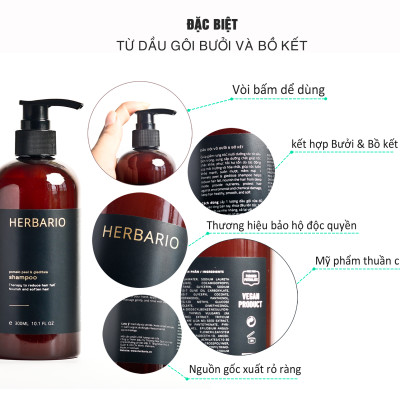 Dầu gội vỏ bưởi & bồ kết Herbario thảo dược 300ml phục hồi tóc, giảm gãy rụng giúp khôi phục lại mái tóc chắc khỏe đẹp thuần chay