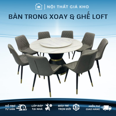Bàn ăn thông minh mặt đá tròn có mâm xoay kết hợp ghế Loft trám