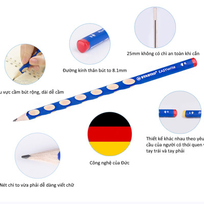 Combo Bút chì gỗ hình thể học STABILO EASYgraph - Bộ bút chì thuận tay trái 2 bút EasyWrite + Chuốt chì PSE4533L + Gôm tẩy ER199 (PCE323L-2A)