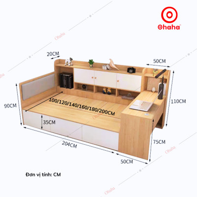 [ Miễn phí giao hàng và lắp đặt tại TP.HCM] Giường ngủ công nghiệp bọc nệm kèm tủ và bàn học OHAHA - GN049