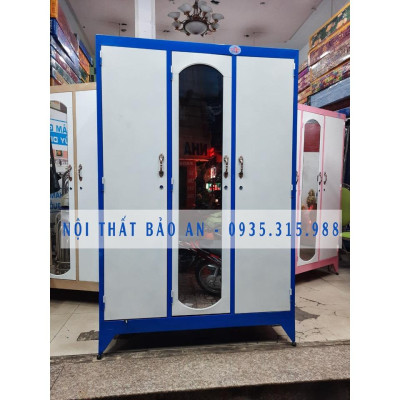 Tủ sắt quần áo 3 cửa ngang 1m2 cao 1m8 sơn tĩnh điện - MÀU KEM