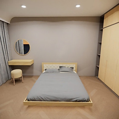 Giường ngủ bay gỗ KHM30 decor có tựa đầu bọc nệm Juno Sofa màu tự nhiên phủ bóng PU