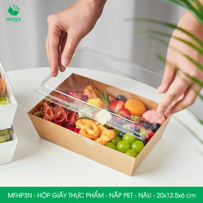 MFHP3N - 20x12.5x6 cm - 50 hộp giấy kraft thực phẩm màu nâu nắp Pet, hộp giấy chữ nhật đựng thức ăn, hộp bánh nắp trong