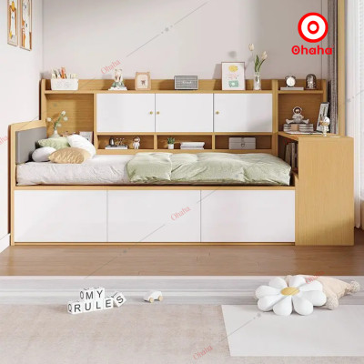 [ Miễn phí giao hàng và lắp đặt tại TP.HCM] Giường ngủ công nghiệp bọc nệm kèm tủ và bàn học OHAHA - GN049