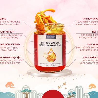 Saffron mật ong đông trùng hạ thảo Kingdom Herb chính hãng thượng hạng hộp 312g (tặng bình thuỷ tinh và cây lấy mật)