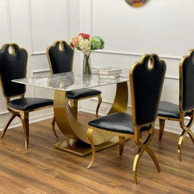 Bộ bàn ăn Juno Sofa khung cánh cung mạ PVD 1m6, ghế Queen 4 cái kèm theo và mặt đá chất lượng