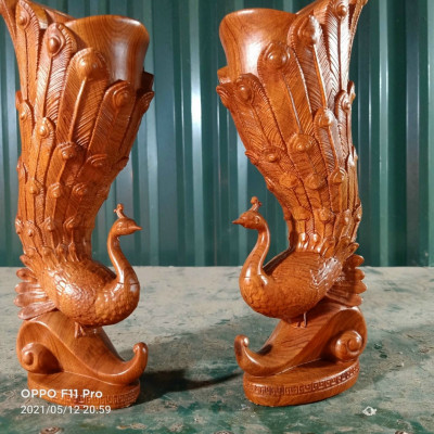Cặp chim công cắm hoa trang trí nghệ thuật bằng gỗ hương đá kt cao 25×10×9cm