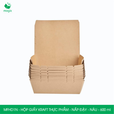 MFHD1N - Combo 25 hộp giấy kraft thực phẩm 600ml, hộp đựng thức ăn nắp đậy màu nâu, hộp gói đồ ăn mang đi