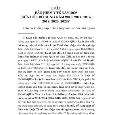Luật bảo hiểm y tế năm 2008 (sửa đổi, bổ sung năm 2013, 2014, 2015, 2018, 2020, 2023)
