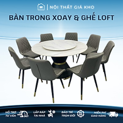 Bàn ăn thông minh mặt đá tròn có mâm xoay kết hợp ghế Loft trám