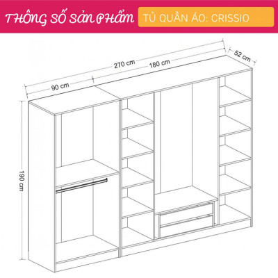 Tủ để quần áo gia đình bằng gỗ thiết kế đẹp SMLIFE Crissio