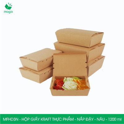 MFHD3N - Combo 25 hộp giấy kraft thực phẩm 1200ml, hộp đựng thức ăn nắp đậy màu nâu, hộp gói đồ ăn mang đi