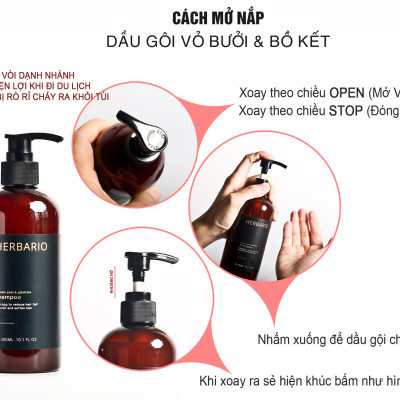 Dầu gội vỏ bưởi & bồ kết Herbario thảo dược 300ml phục hồi tóc, giảm gãy rụng giúp khôi phục lại mái tóc chắc khỏe đẹp thuần chay
