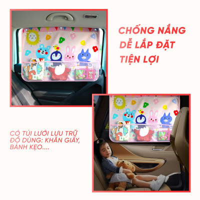 Rèm Vải Che Nắng Ô Tô Hàn Quốc Phối Hình Dễ Thương Có Gắc Hút