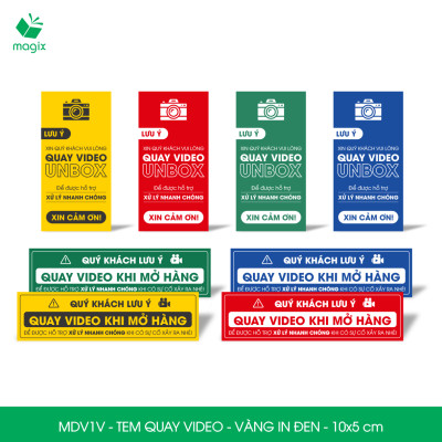 500 Tem chú ý quay video trước khi mở hàng, decal dán hộp - 10x5 cm - Vàng in đen - MDV1V
