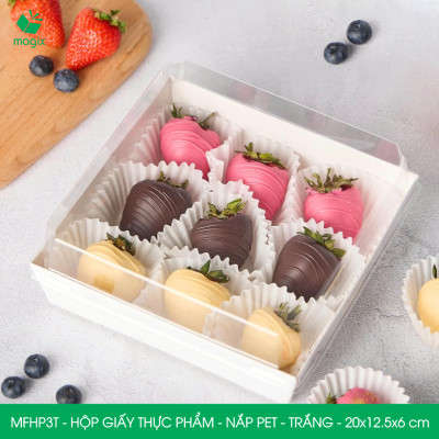 MFHP3T - 20x12.5x6 cm - 50 hộp giấy thực phẩm màu trắng nắp Pet, hộp giấy chữ nhật đựng thức ăn, hộp bánh nắp trong