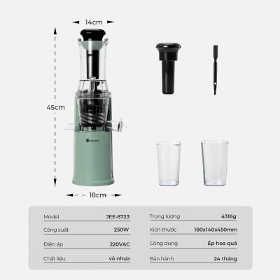 Máy ép chậm Elmich JEE-8723, công suất 250W, hạn chế tách nước, giữ trọn dưỡng chất, gọn nhẹ, tháo lắp dễ dàng, kết hợp với lưới lọc lắp ráp liền với trục vít, dễ dàng vệ sinh - Hàng chính hãng