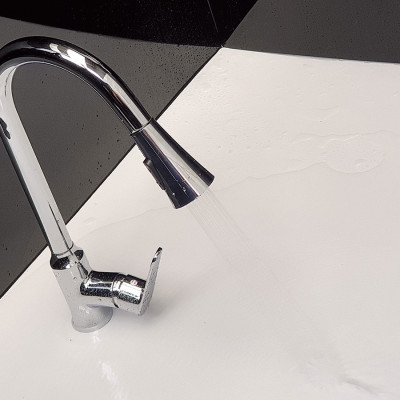 Vòi Rửa Chén Nóng Lạnh Dây Kéo Đồng Mạ Chrome Eurolife EL-KM05 (Trắng bạc)